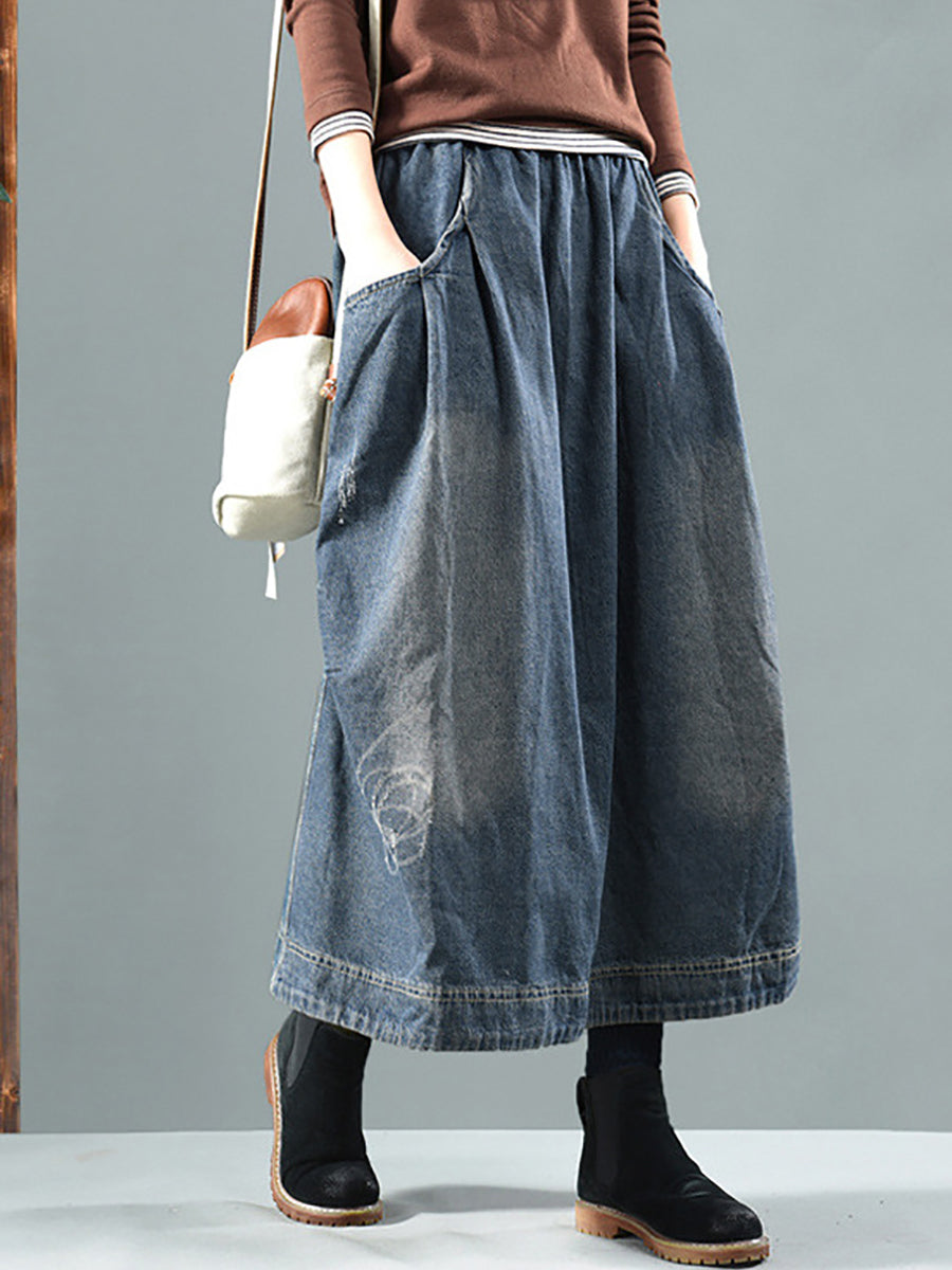 Retro Fakó Farmer Szoknya Zsebekkel, Gumis Derékkal | Plus Size