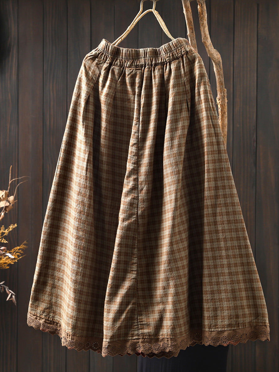 Kockás A-vonalú Csipke Betétes Pamut Szoknya | Plus Size