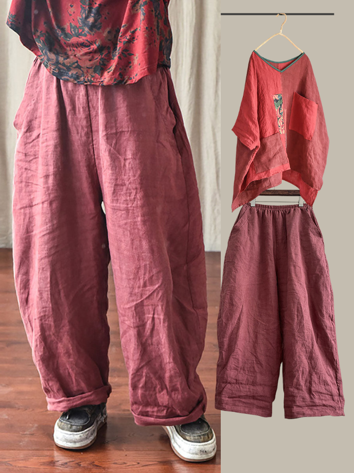 Női Casual Egyszínű Bő Szárú Gumis Derekú Vászonnadrág | Plus Size