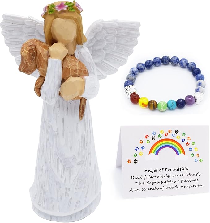 Dog Memorial Gift Set with Friendship Angel Figurine and Rainbow Bridge Chakra Bracelet