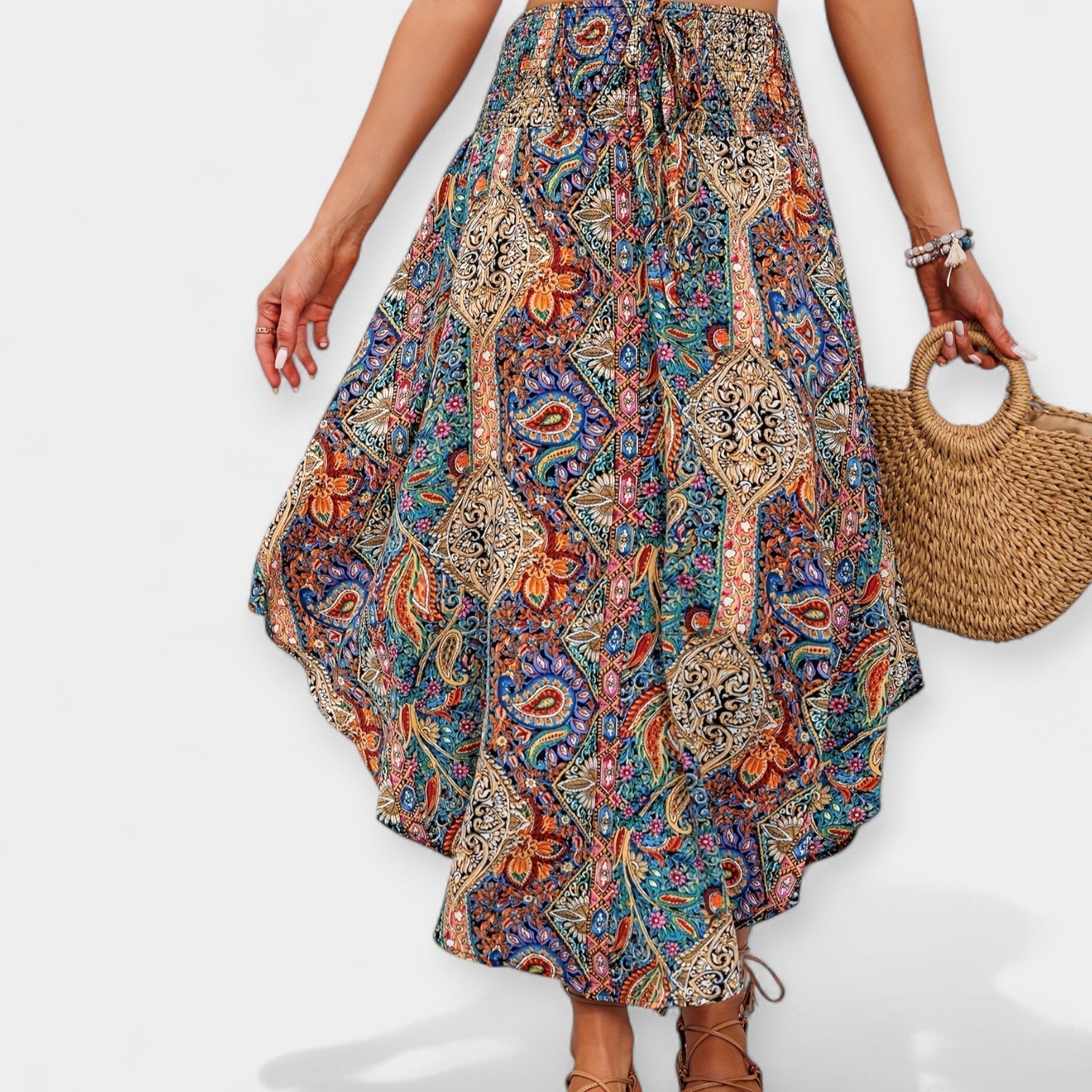 Colourful high-waisted midi skirt
