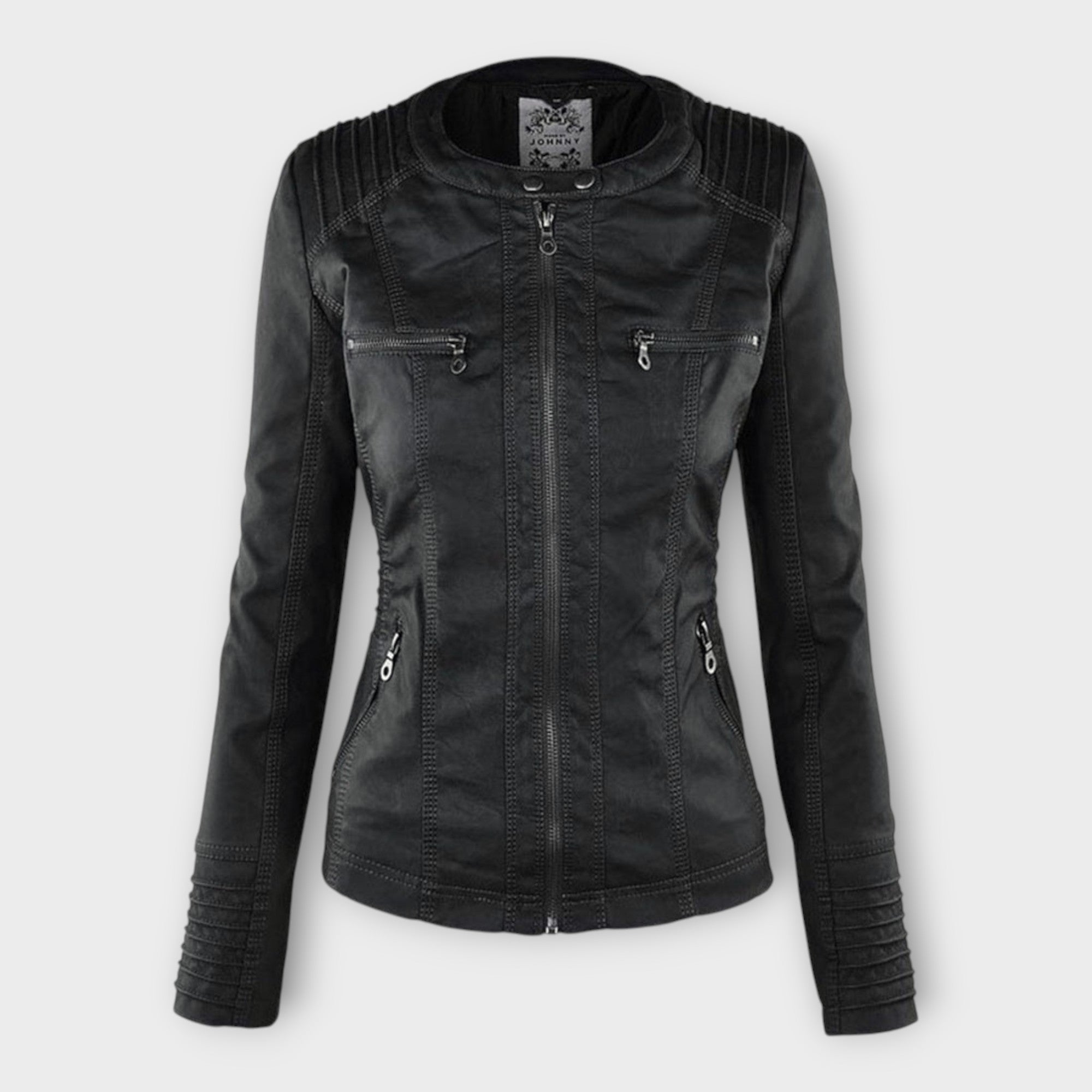 Modern leather jacket with hood and timeless design