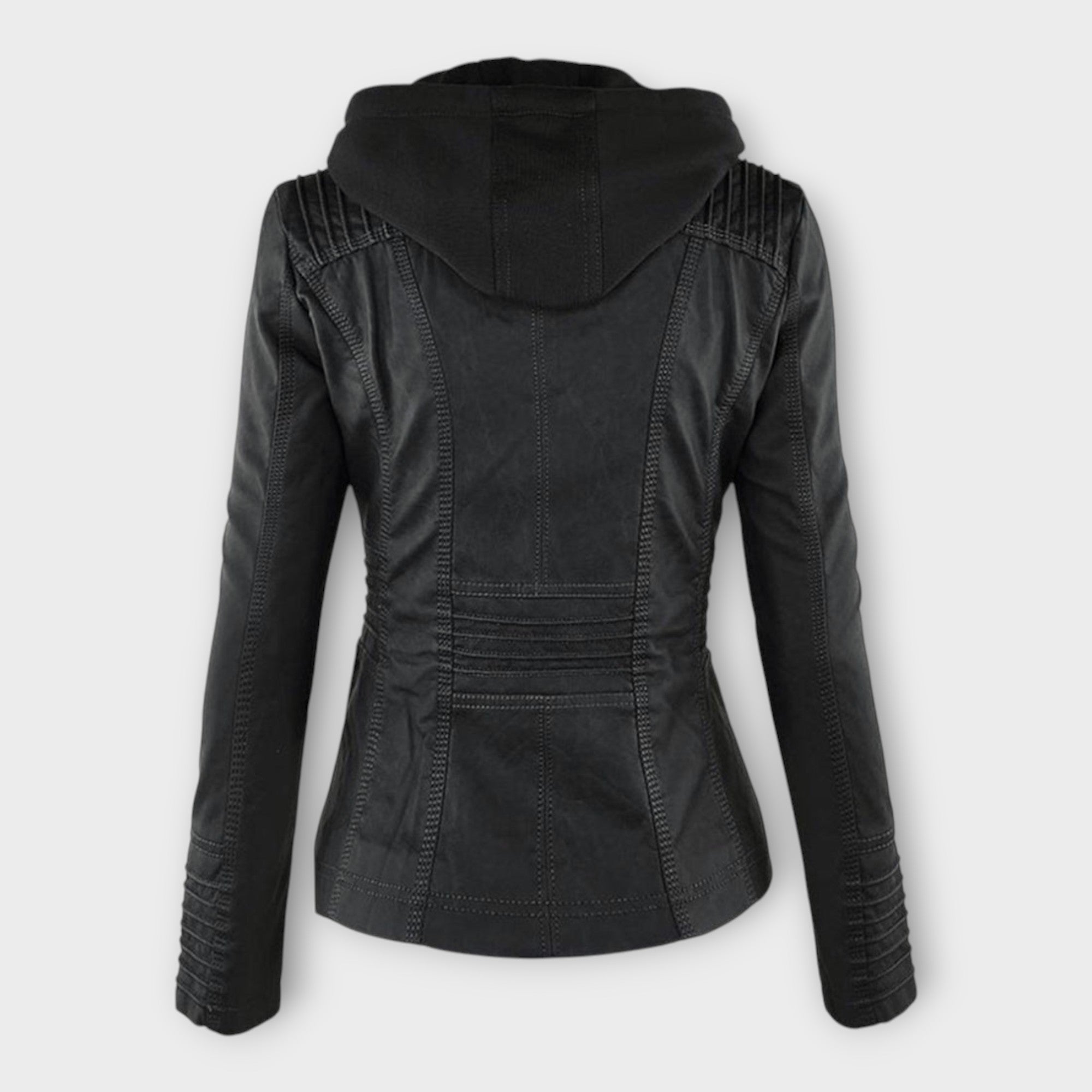 Modern leather jacket with hood and timeless design