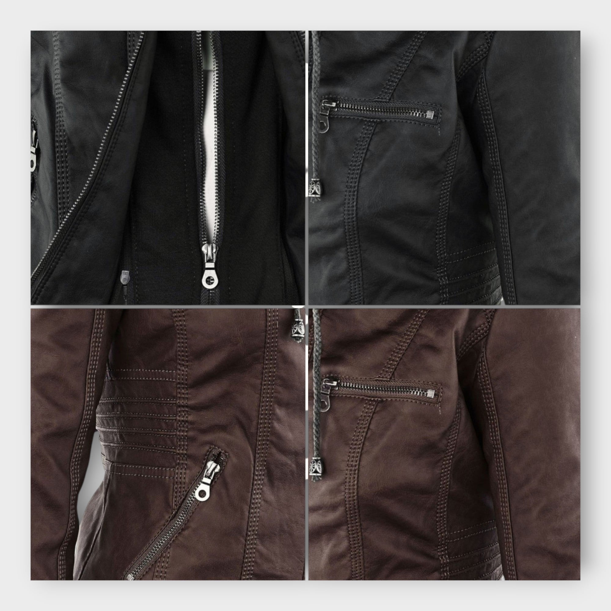 Modern leather jacket with hood and timeless design