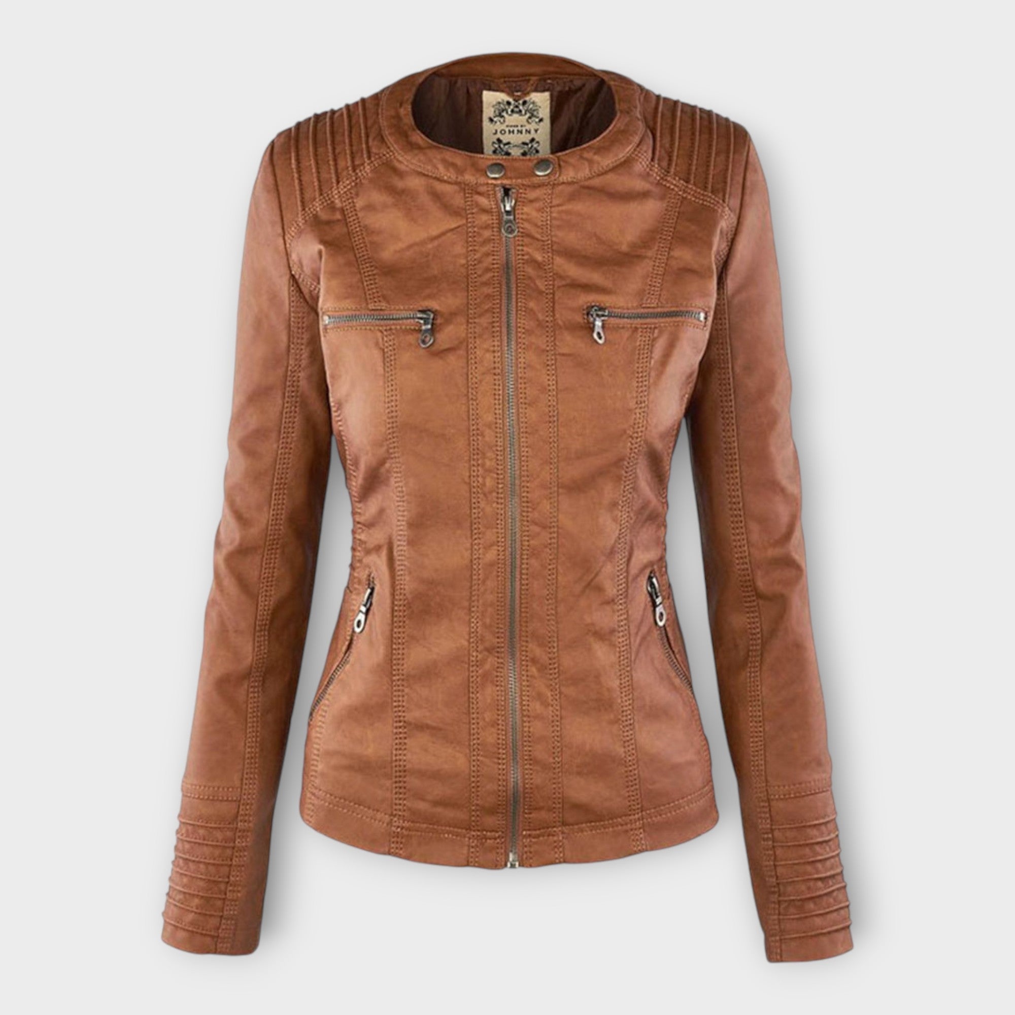 Modern leather jacket with hood and timeless design