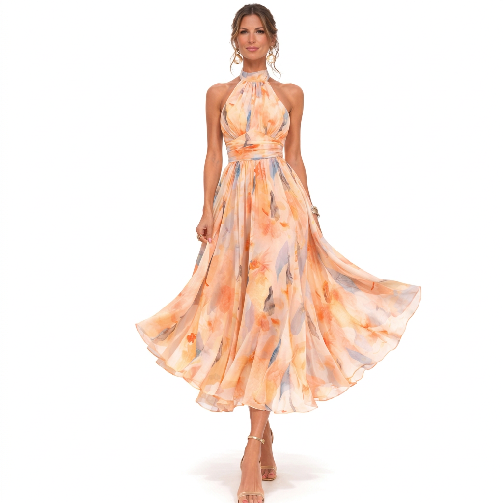 Monika – Virágmintás Halter Midi Ruha