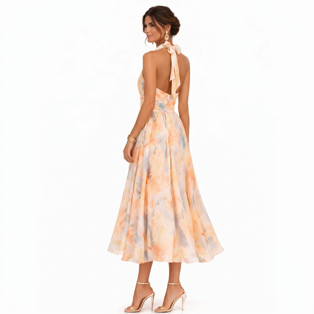 Monika – Virágmintás Halter Midi Ruha