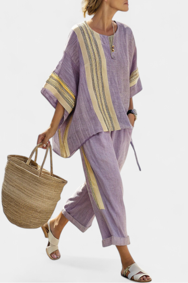 Linen-bamboo set with charming lavender and yellow stripes