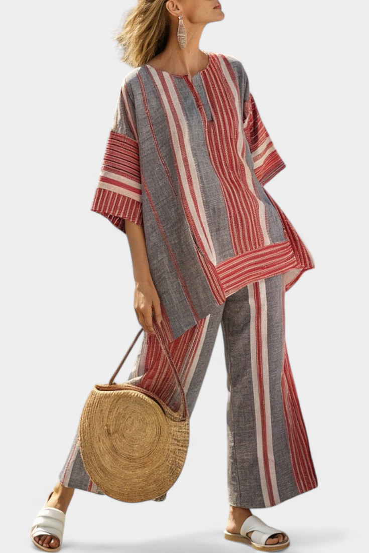 Large Daisy Combination Dress in Linen with Red Coral and Grey Stripes, Modern and Comfortable Style