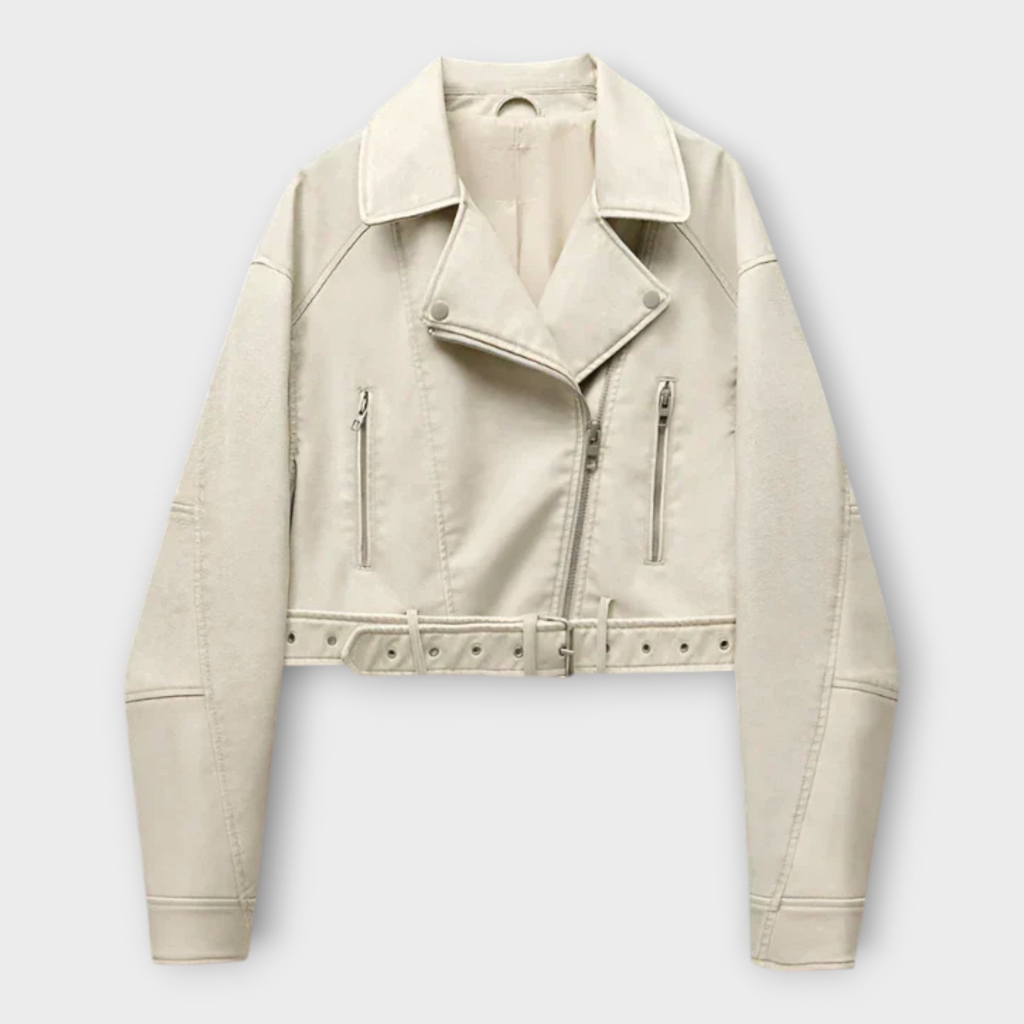 Modern Short Leather Jacket with Belt and Subtle Aesthetics
