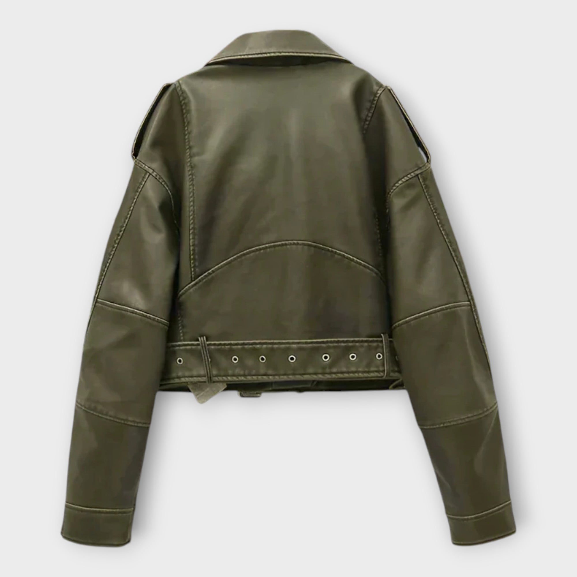 Modern Short Leather Jacket with Belt and Subtle Aesthetics
