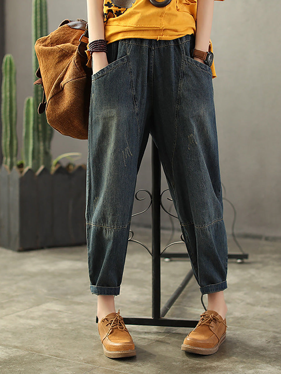 Vintage Laza Szabású Foszlatott Farmernadrág Gumis Derékkal | Plus Size