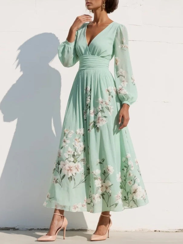 Celeste™ | Elegant Floral Midi Dress with Long Sleeves