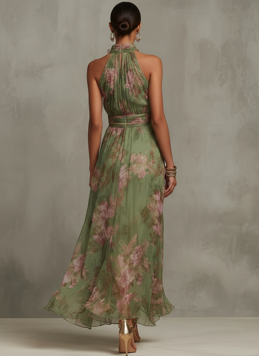 Florencia | Zöld Virágmintás Maxi Halter Chiffon Ruha