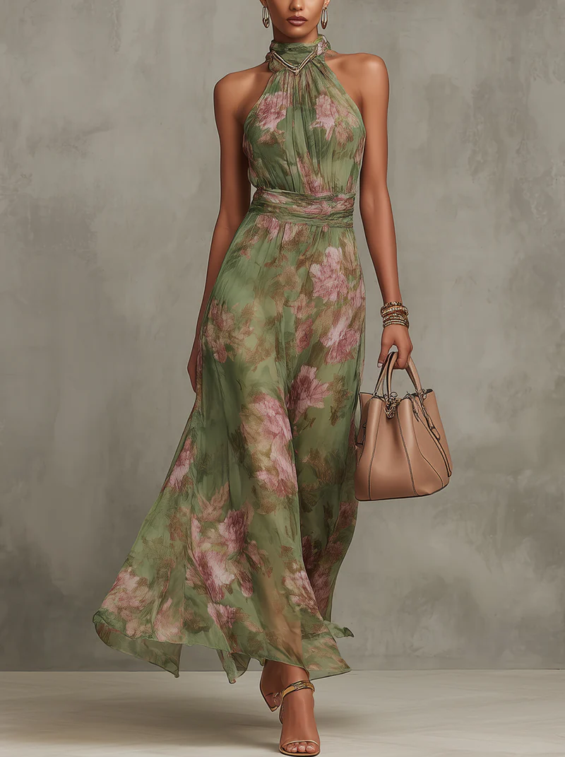 Florencia | Green Floral Maxi Halter Chiffon Dress