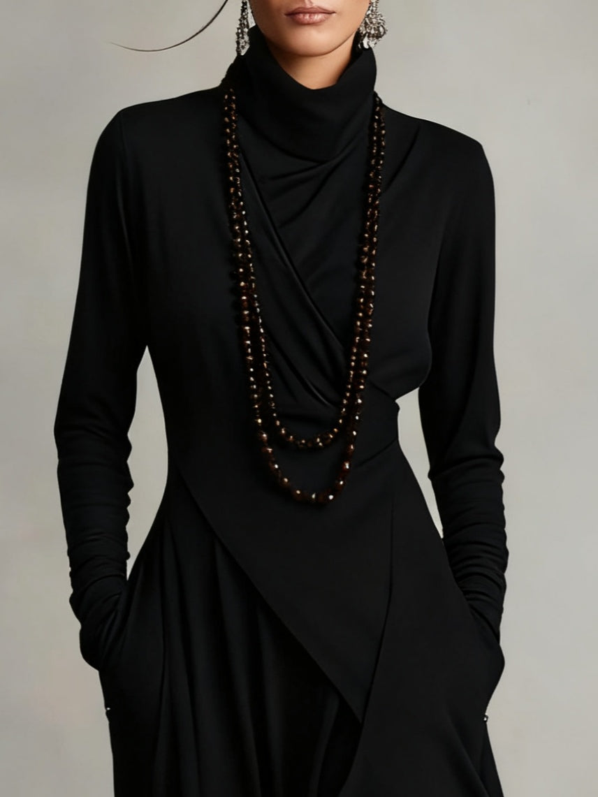 Doina | Asymmetric pleated maxi dress with high collar