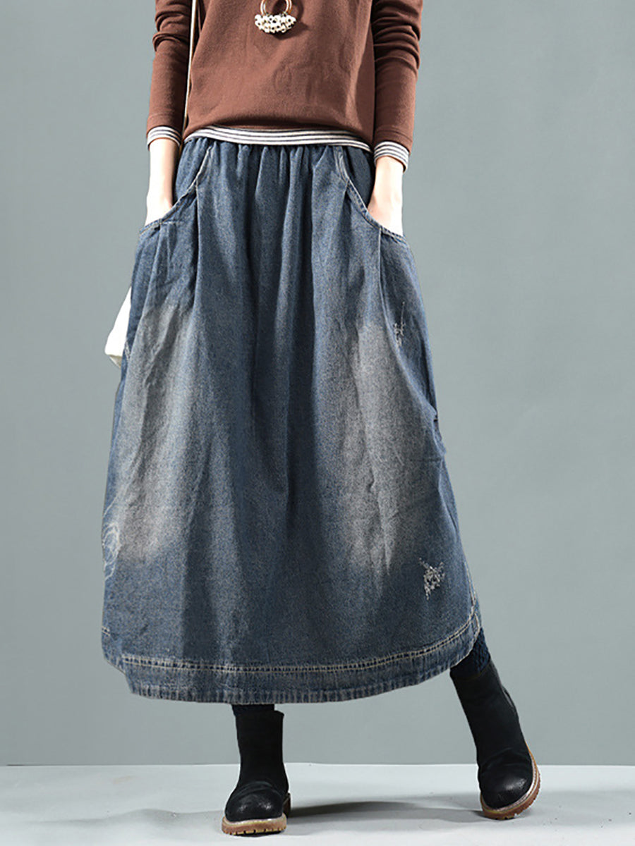 Retro Fakó Farmer Szoknya Zsebekkel, Gumis Derékkal | Plus Size