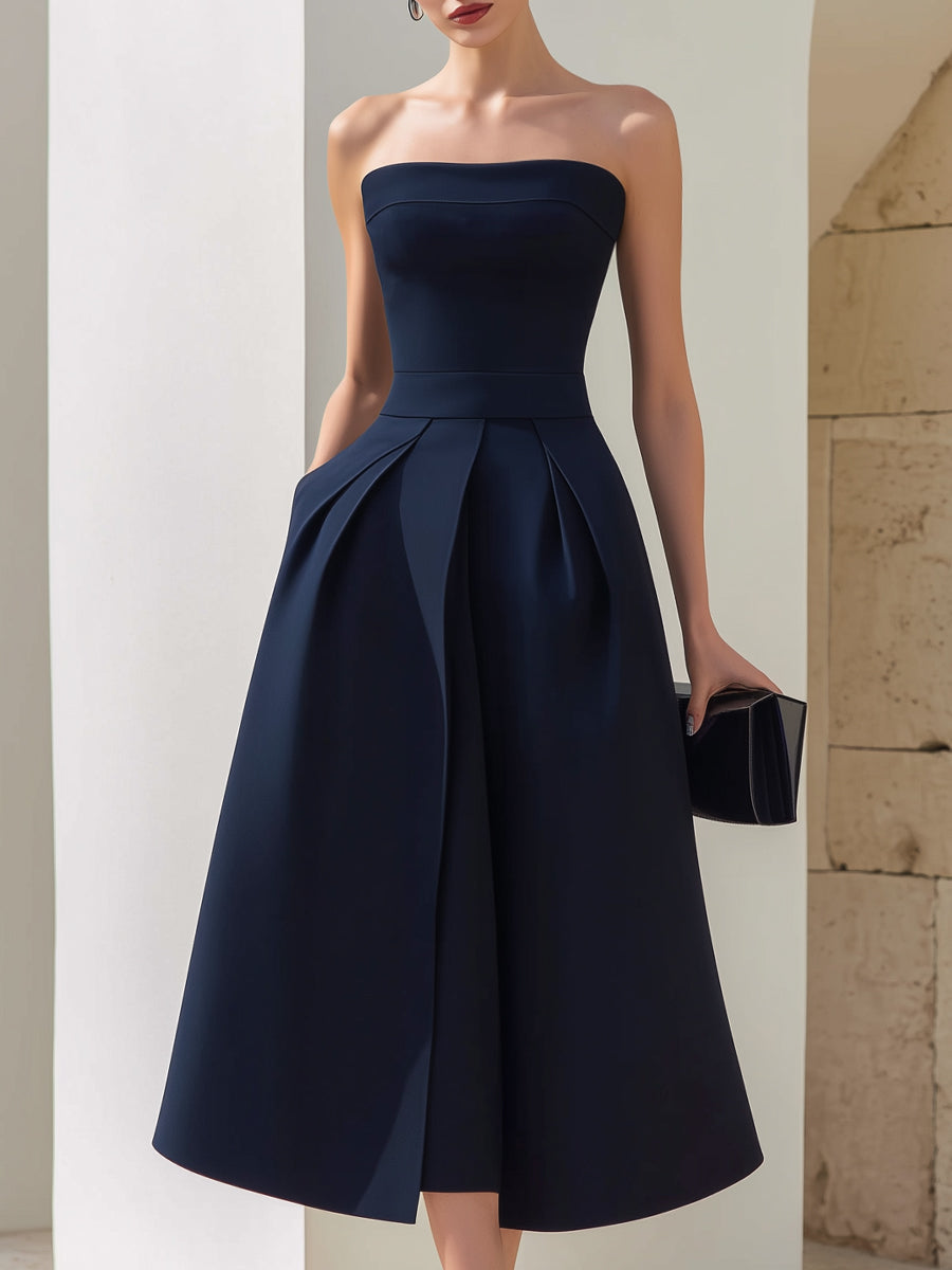 A-line, strapless midi dress with pleats