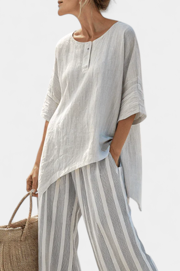 Daisy Set with Asymmetrical T-Shirt and Striped Trousers for a Modern and Elegant Style