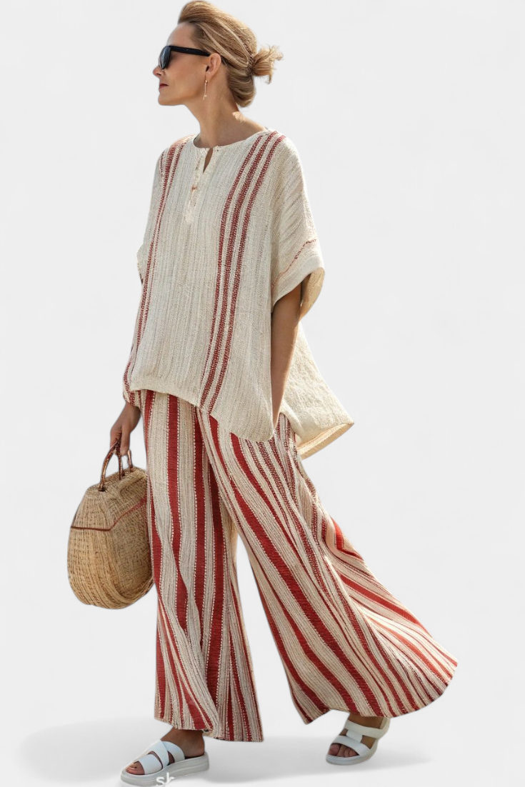Stunning red striped natural texture two-piece Daisy suit