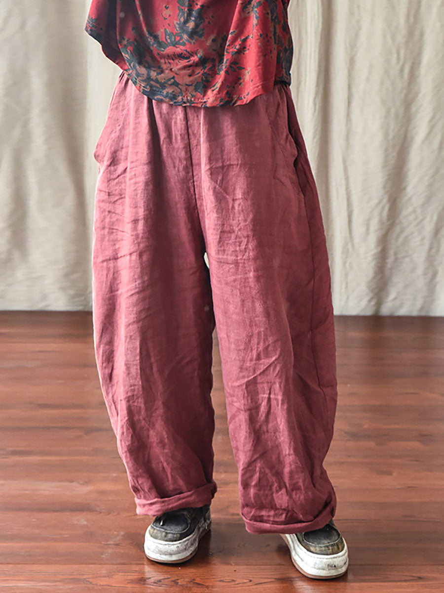 Női Casual Egyszínű Bő Szárú Gumis Derekú Vászonnadrág | Plus Size