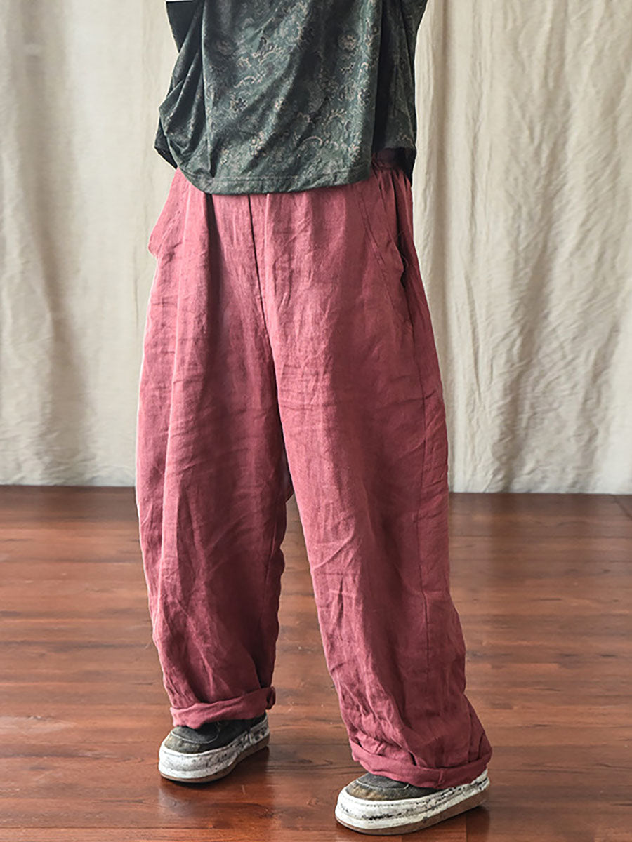 Női Casual Egyszínű Bő Szárú Gumis Derekú Vászonnadrág | Plus Size