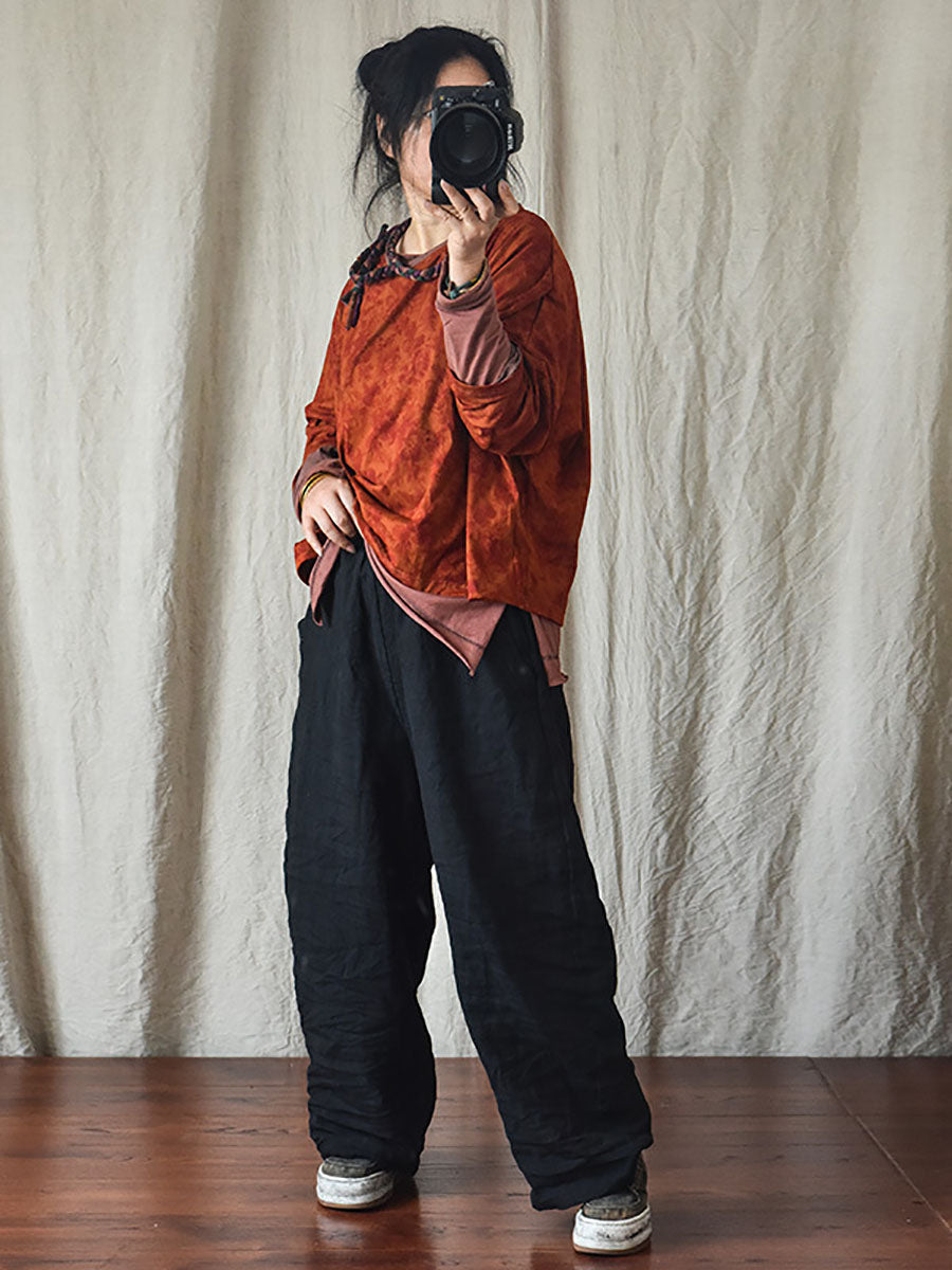 Női Casual Egyszínű Bő Szárú Gumis Derekú Vászonnadrág | Plus Size