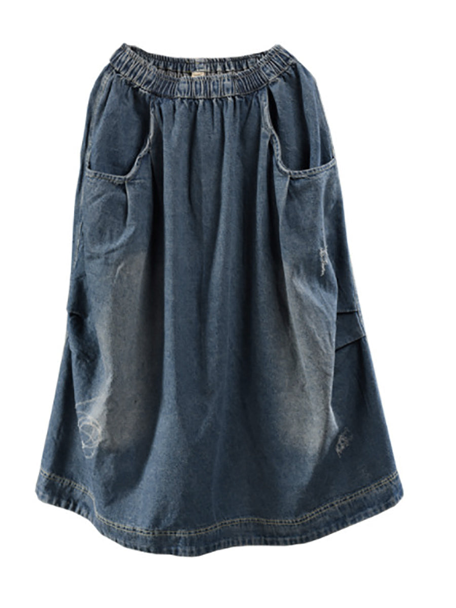 Retro Fakó Farmer Szoknya Zsebekkel, Gumis Derékkal | Plus Size