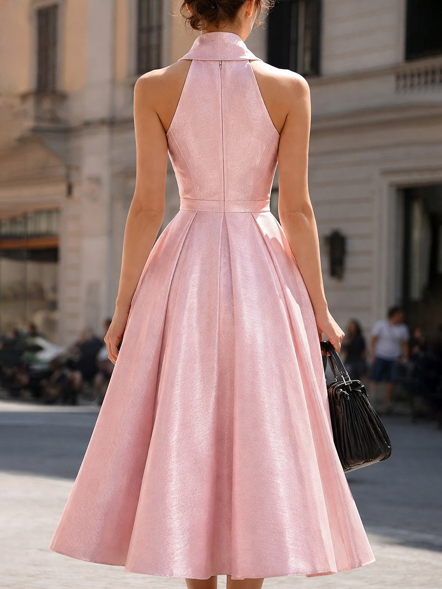 Midi dress with pleated waist and halter neck