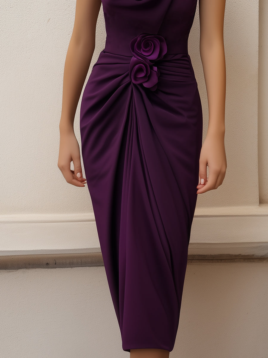 Midi dress with one shoulder, with a floral accent