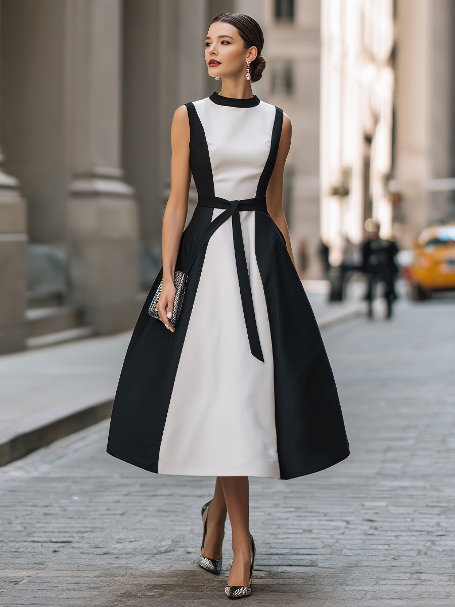 Sleeveless A-line Midi Dress with Contrast Belt