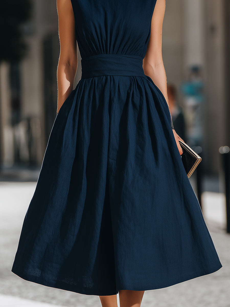 Gathered Sleeveless Midi A-Line Dress