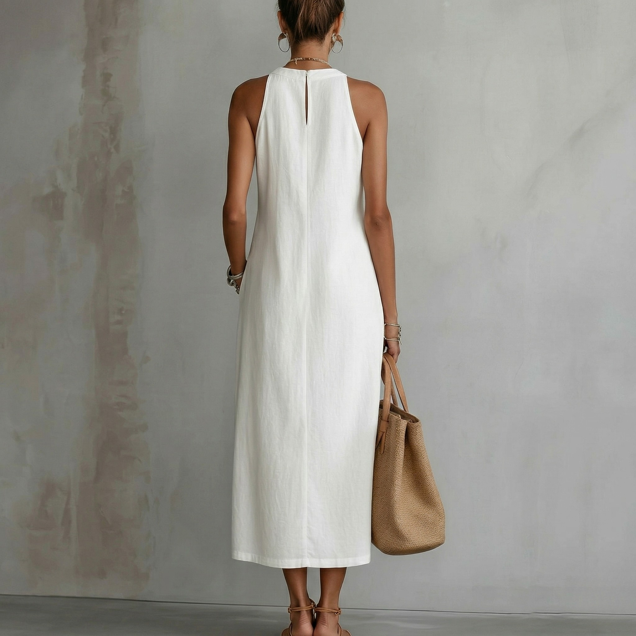 Andrea - Canvas Midi Dress with Mao Collar