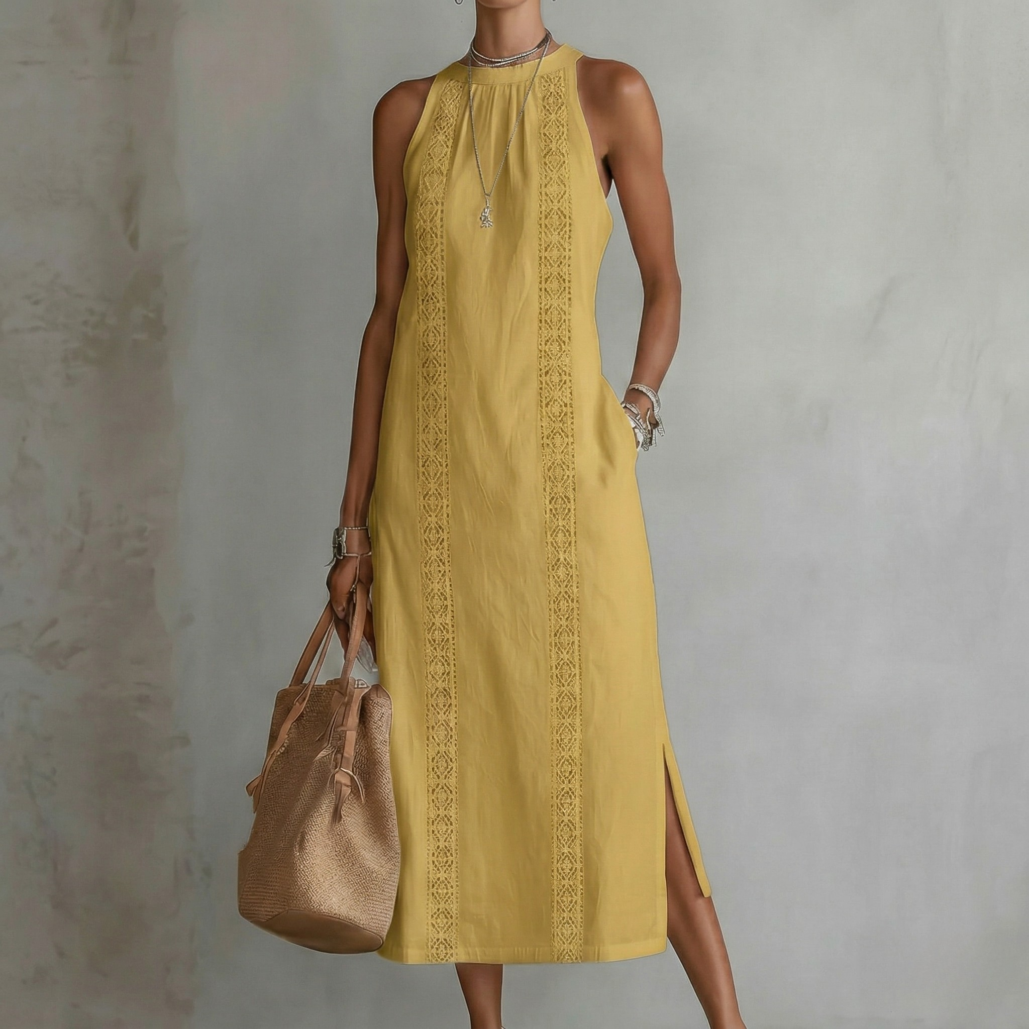 Andrea - Canvas Midi Dress with Mao Collar