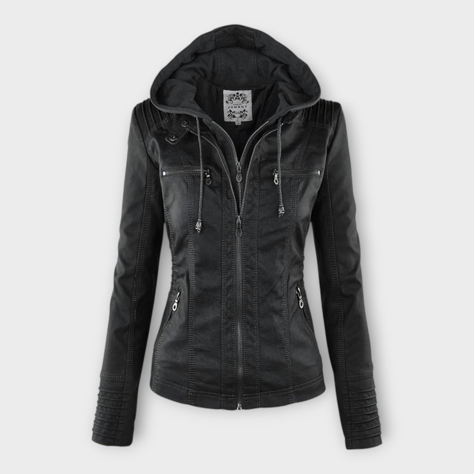 Modern leather jacket with hood and timeless design