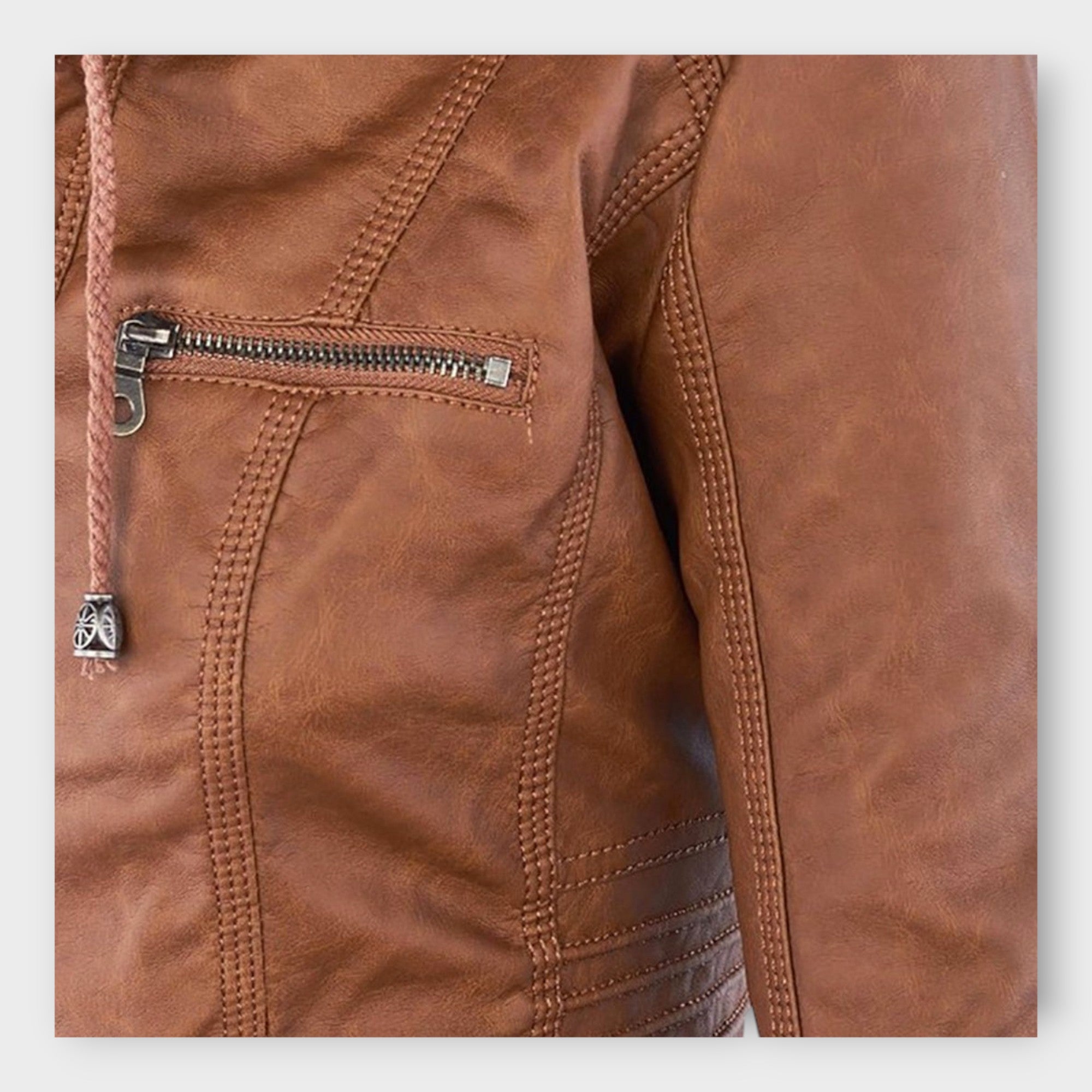 Modern leather jacket with hood and timeless design