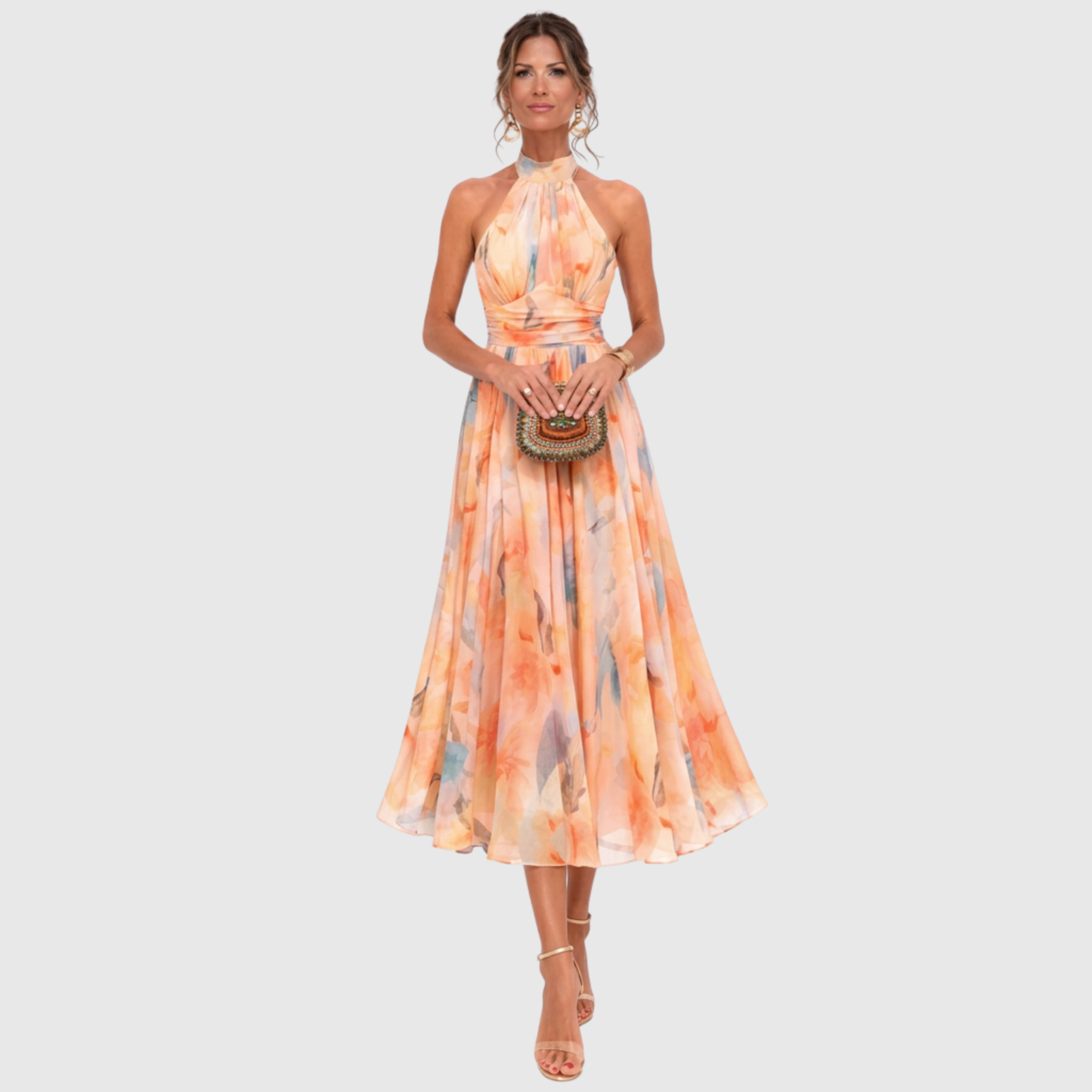 Monika – Virágmintás Halter Midi Ruha