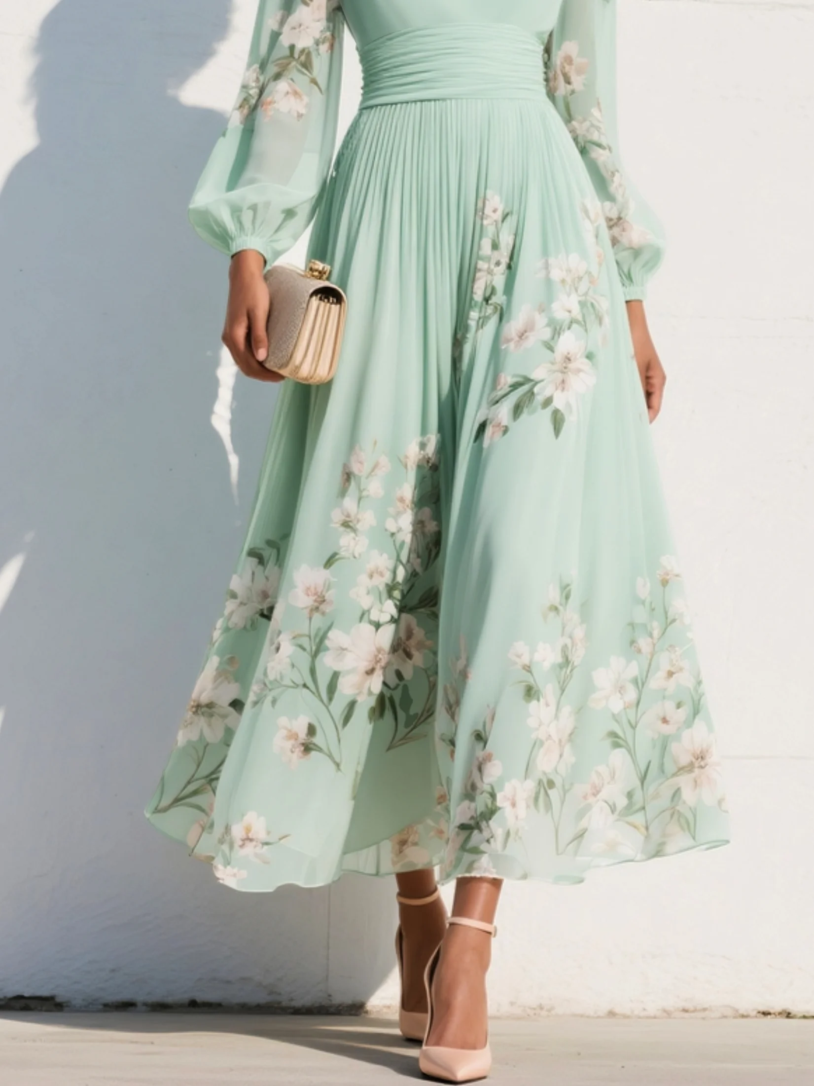 Celeste™ | Elegant Floral Midi Dress with Long Sleeves