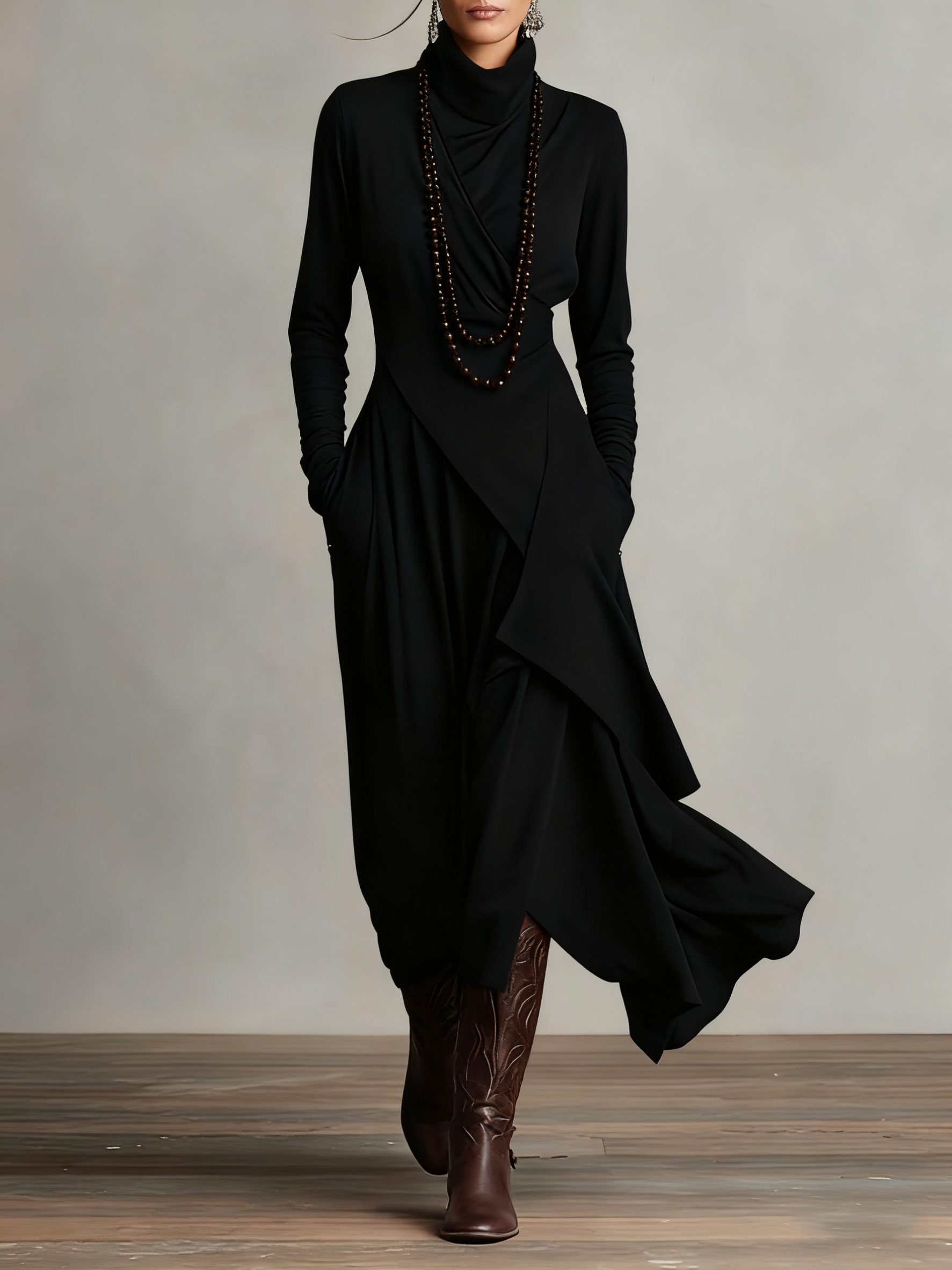 Doina | Asymmetric pleated maxi dress with high collar