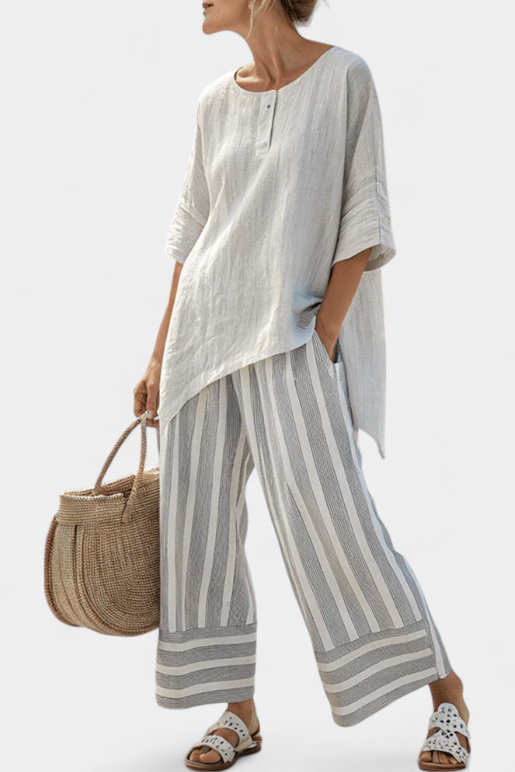 Daisy Set with Asymmetrical T-Shirt and Striped Trousers for a Modern and Elegant Style