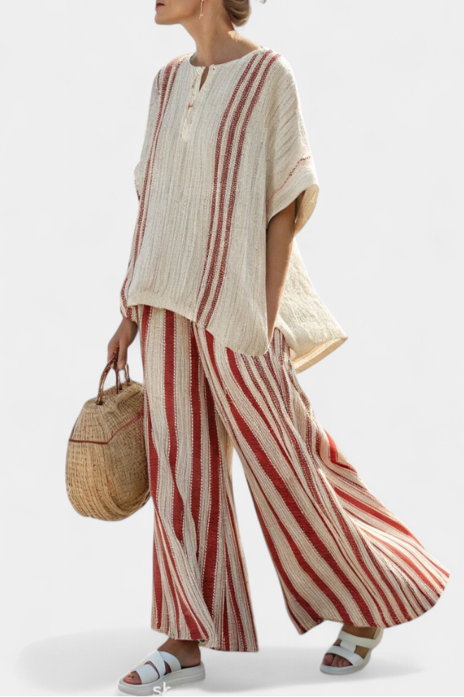 Stunning red striped natural texture two-piece Daisy suit