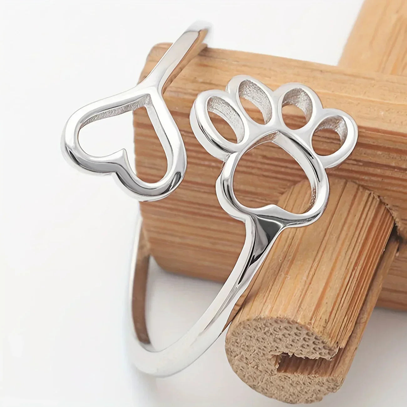 Handcrafted Paw & Heart Ring - Adjustable 925 Sterling Silver