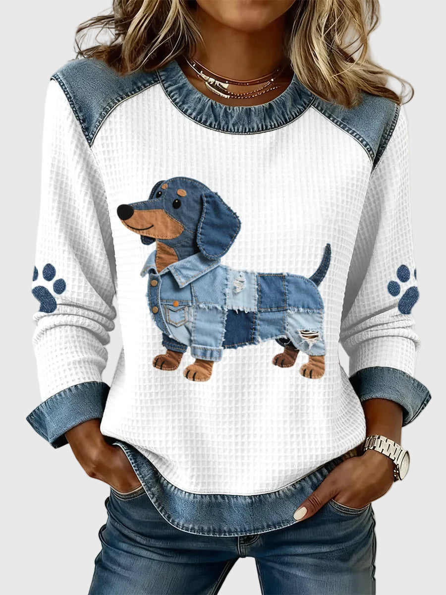 Nuria - Charming Dachshund with patchwork jeans